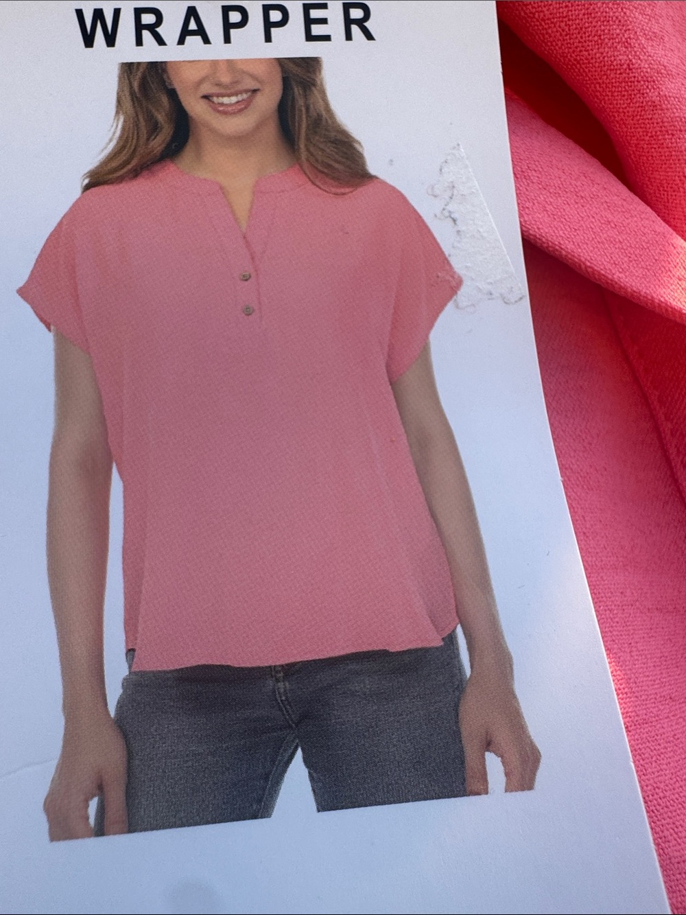 Wrapper Pink Short-Sleeve Button Henley Blouse